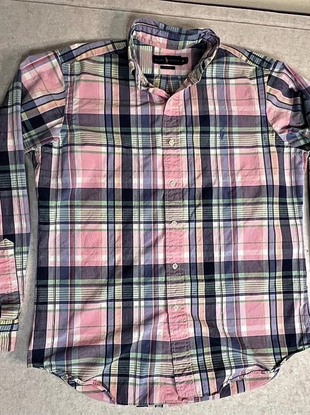 Ralph Lauren Classic Fit Plaid Cotton Button-Down in Pink & Blue Size Medium